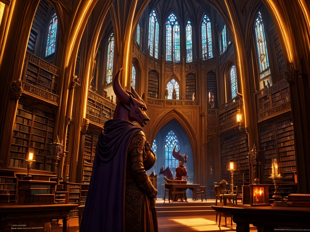 a fantastical old library, majestic, huge, bioluminescent mineral gems illuminating the interior, large stained glass window in the background, desks and chairs, (best quality,8k,highres,masterpiece:1.2),ultra-detailed,realistic,photorealistic,photo-realistic:1.37,ornate,medieval,dramatic lighting,intricate architecture,detailed textures,moody atmosphere,warm colors, with some Librarian Kobolds from a distance in the background, Kobolds, scalie, anthro, kobold female, kobold male, women, men, flat chested, flat breasts, horns  kobold, female, 