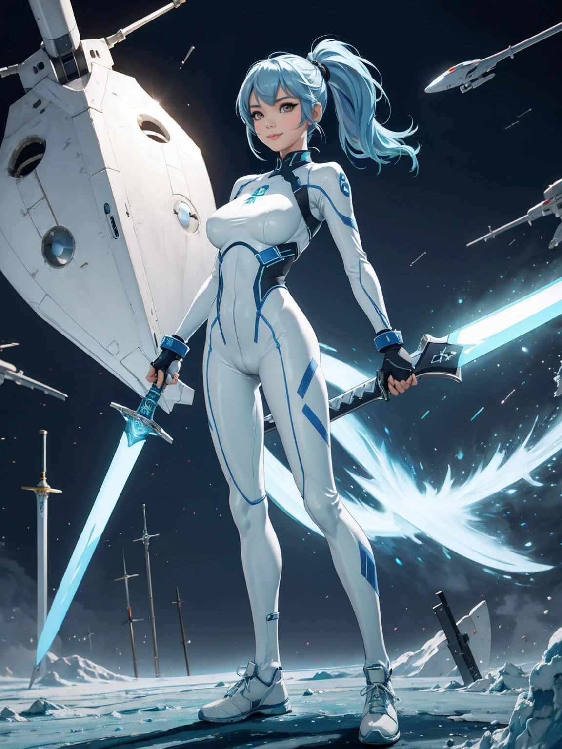 4K,hight resolution,One Asian Woman, light blue hair,poneyTail.Green eyes,Colossal ,White Cybersuit,Bodysuits, (holding Longsword), spaceship at the background in the space,Axe