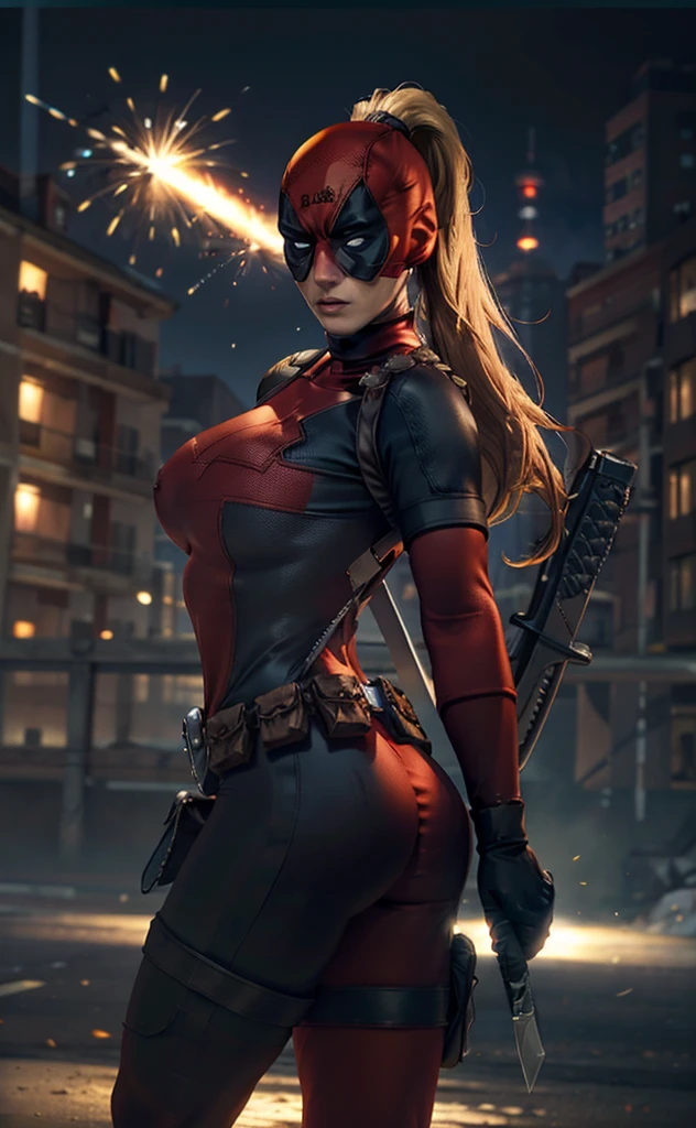 chef-d&#39;œuvre, Meilleure qualité, haute résolution, contrasté,
le maillot de corps_Dame_Dead Pool_proprewaifu,
Christina Chong beau visage, Yeux plissés. petit sourire satisfait. black braided hair with Yeux plissés,, masque, cheveux blond, queue de cheval, cheveux longs, gros seins, pas d&#39;élèves, 
le maillot de corps, peau tendue, super-héros, pochette de ceinture, ceinture utilitaire, red le maillot de corps, gants, arme sur le dos, poche de cuisse, sangle de cuisse, étui de cuisse, boucle de ceinture, col roulé, 
particules légères, profondeur_de_champ, paysage, nuit, feux d&#39;artifice aériens, seulement, tir de cow-boy, regarder le spectateur,