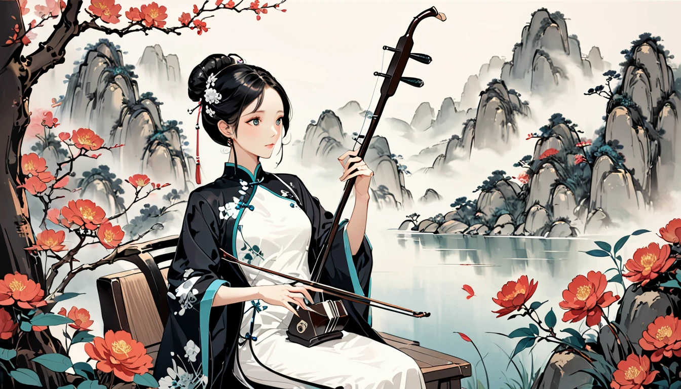 One woman,,Playing erhu,Holding an Erhu,,, (((masterpiece,Highest quality))),((Good structure,Good composition,Good Atomy)), ((clear, original,beautiful)),sitting on chair, outdoors, chinese nature,Background like a Chinese ink painting, She is dressed in elegant traditional Chinese clothing, such as a qipao or hanfu