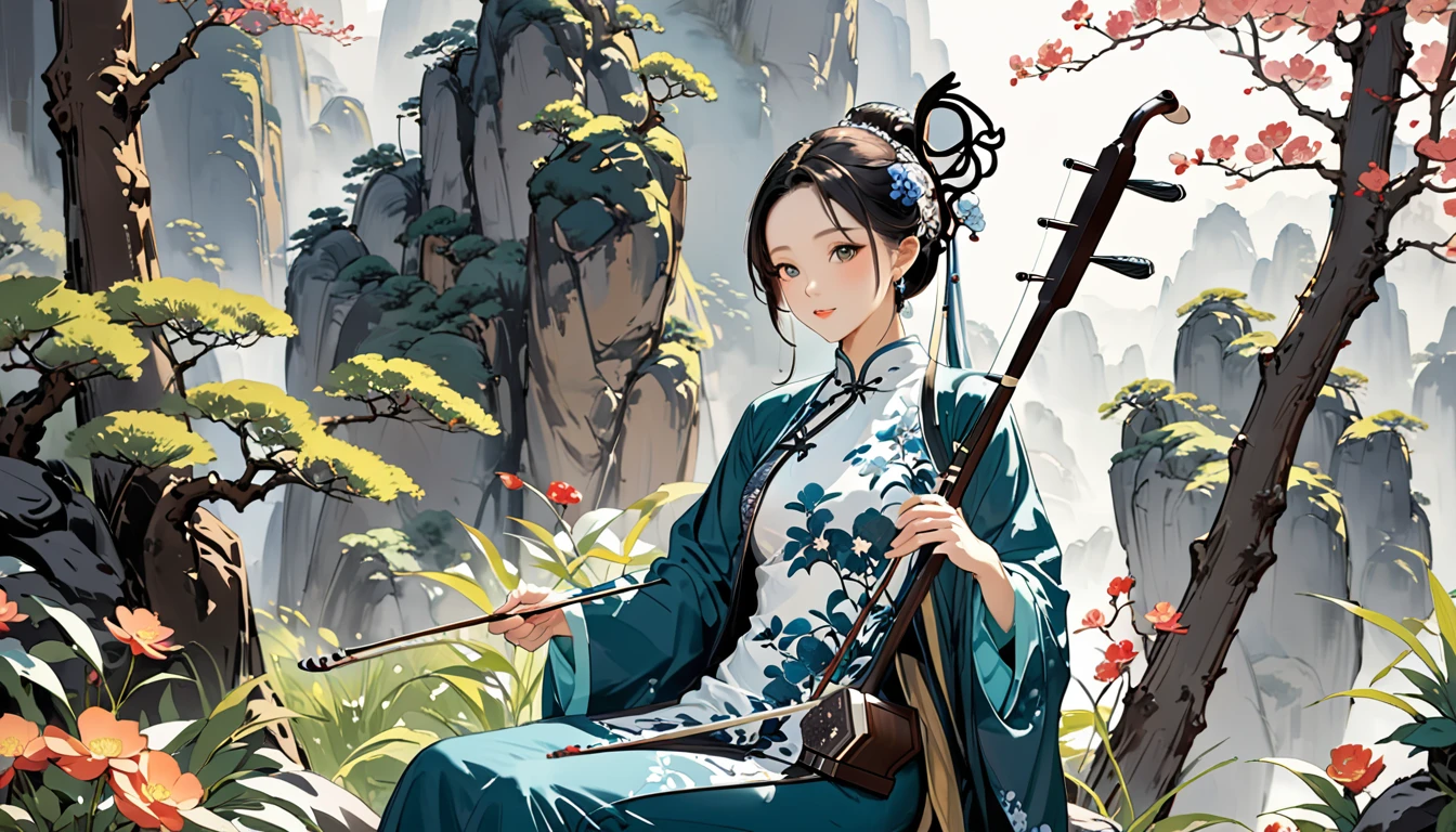 One woman,,Playing erhu,Holding an Erhu,,, (((masterpiece,Highest quality))),((Good structure,Good composition,Good Atomy)), ((clear, original,beautiful)),sitting on chair, outdoors, chinese nature,Background like a Chinese ink painting, She is dressed in elegant traditional Chinese clothing, such as a qipao or hanfu