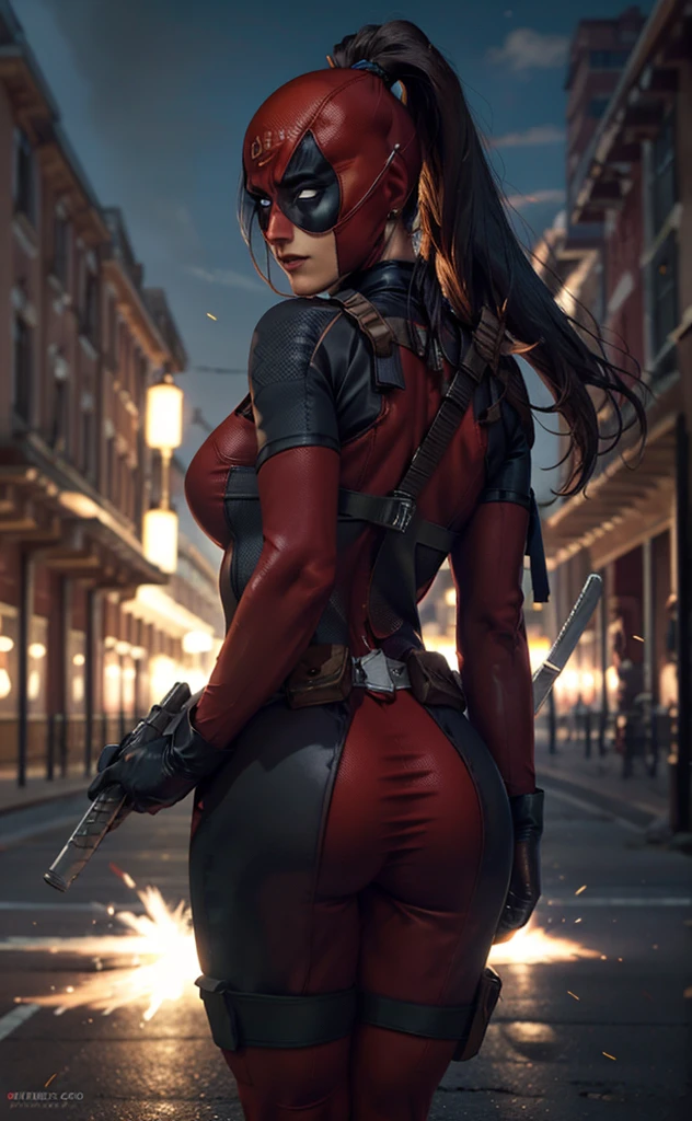 masterpiece, best quality, highres, contrapposto,
BodySuit_lady_deadpool_ownwaifu,
Christina Chong beautiful face, narrowed eyes. smirk. black braided hair with narrowed eyes,, mask, black hair, ponytail, long hair, large breasts, no pupils, 
bodysuit, skin tight, superhero, belt pouch, utility belt, red bodysuit, gloves, weapon on back, thigh pouch, thigh strap, thigh holster, belt buckle, turtleneck, 
light particles, depth_of_field, scenery, night, aerial fireworks, solo, cowboy shot, looking at viewer,