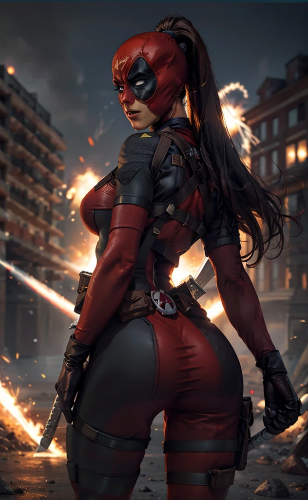 chef-d&#39;œuvre, Meilleure qualité, haute résolution, contrasté,
le maillot de corps_Dame_Dead Pool_proprewaifu,
Christina Chong beau visage, Yeux plissés. petit sourire satisfait. black braided hair with Yeux plissés,, masque, cheveux noirs, queue de cheval, cheveux longs, gros seins, pas d&#39;élèves, 
le maillot de corps, peau tendue, super-héros, pochette de ceinture, ceinture utilitaire, red le maillot de corps, gants, arme sur le dos, poche de cuisse, sangle de cuisse, étui de cuisse, boucle de ceinture, col roulé, 
particules légères, profondeur_de_champ, paysage, nuit, feux d&#39;artifice aériens, seulement, tir de cow-boy, regarder le spectateur,