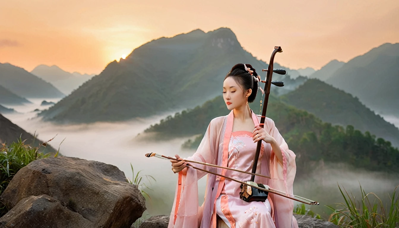 One woman,,Playing erhu,Holding an Erhu, (((masterpiece,Highest quality))),((Good structure,Good composition,Good Atomy)), ((clear, original,beautiful)),sitting on chair, outdoors, chinese nature,Background like a Chinese ink painting, She is dressed in elegant traditional Chinese clothing, such as a qipao or hanfu which flows beautifully as she plays.The background features a majestic scene of misty Chinese mountains at dawn, with the sky painted in warm hues of orange, pink, and gold, creating a serene and enchanting atmosphere. soft, ethereal lighting enhances the landscape, highlighting the beauty of the moment as the sun rises and bathes the scene in a gentle glow,