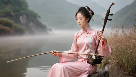 one woman,,playing erhu,holding an erhu, (((masterpiece,highest quality))),((good structure,good composition,good atomy)), ((cle...