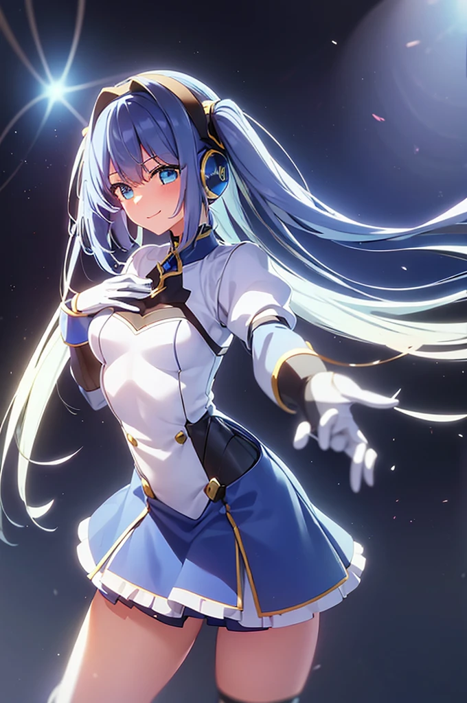 mecha wings、White and blue skirt、Thighs、tights、chest、Twin tails、Blue Hair、1 girl、solo girl、IS、Frame Arms Girl、Alice Gere Aegis、blue armor、income、headphone、hand on own chest、smile、idol woman、idol dress