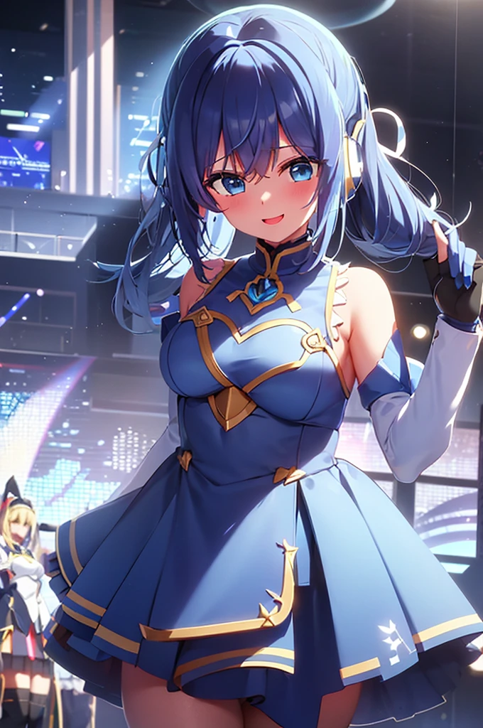 mecha wings、White and blue skirt、Thighs、tights、chest、Twin tails、Blue Hair、1 girl、solo girl、IS、Frame Arms Girl、Alice Gere Aegis、blue armor、income、headphone、hand on own chest、smile、idol woman、idol dress