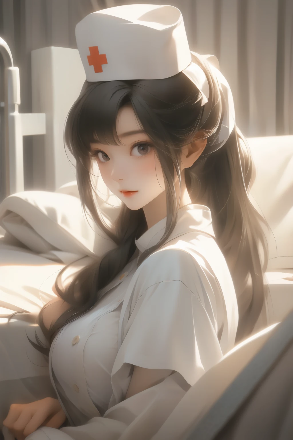 8K, Super detail, curate, Best quality, Masterpiece, 1girl,Solo,Nurse, Detail Face, twin ponytail, Black hair, White nurse hat, full bod, White clothes, desk, Bed