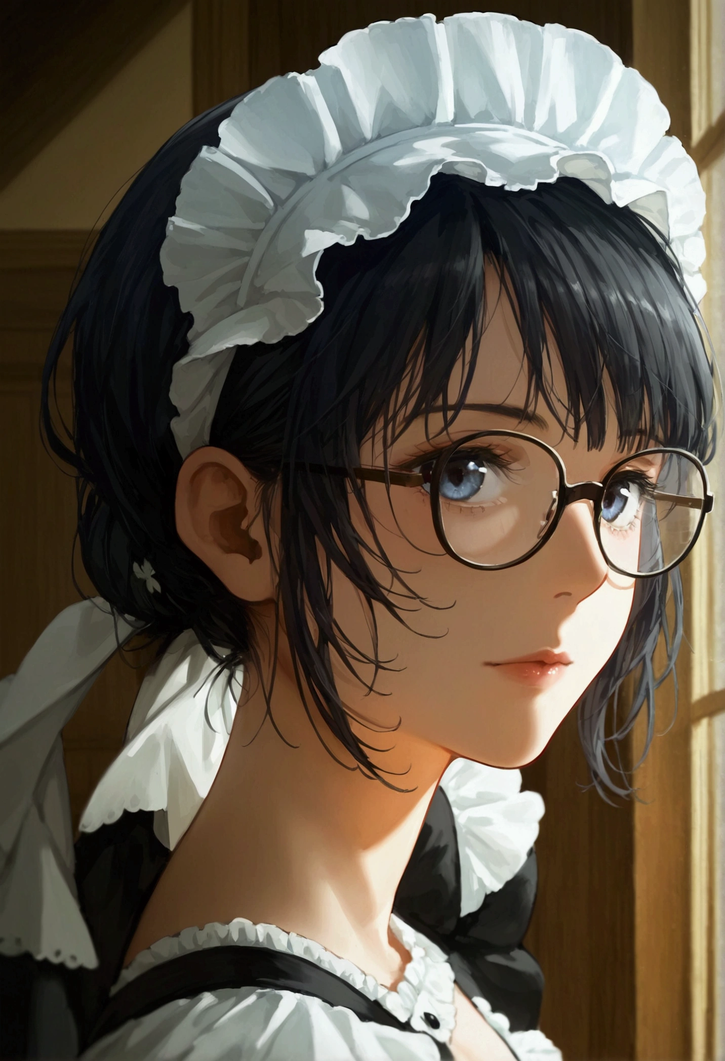 masterpiece, Highest quality, One girl, Maid headdress, Black Hair, Glasses, cool, Cowboy Shot