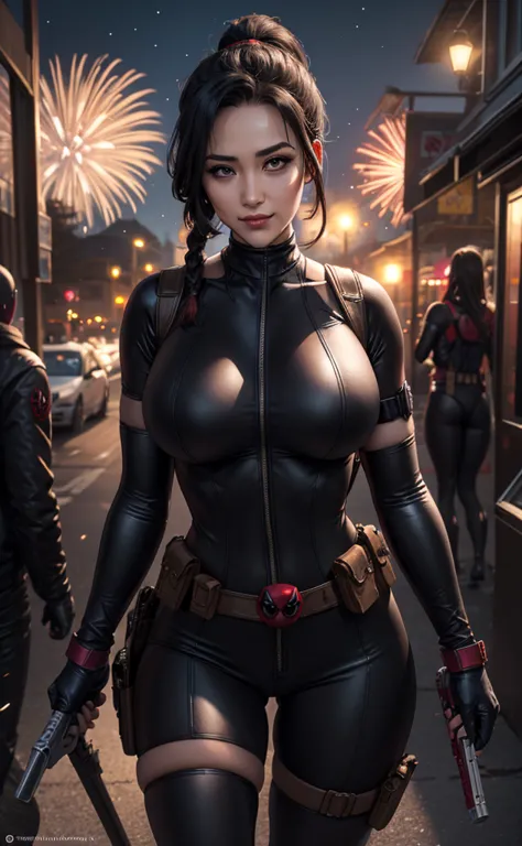 masterpiece, best quality, highres, contrapposto, BodySuit_lady_deadpool_ownwaifu, Christina Chong beautiful face, narrowed eyes...