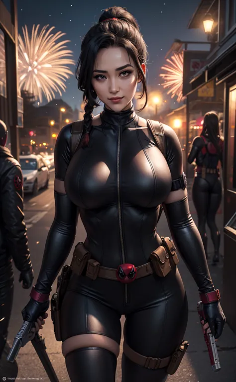 masterpiece, best quality, highres, contrapposto, bodysuit_lady_deadpool_ownwaifu, christina chong beautiful face, narrowed eyes...