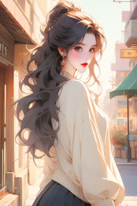 (masterpiece, best quality:1.2), 1girl, solo,mature_lady,black long hair, sweater,in street