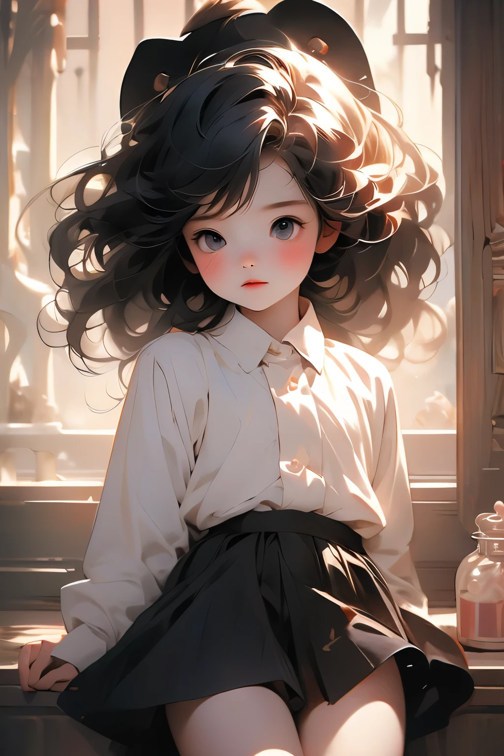 ((Best quality)), ((Masterpiece)),1 girl， cute_girl,animemanga girl，Q version characters，Infant body type，Very short in height，Black color hair，a black skirt，Cat earierce expression,