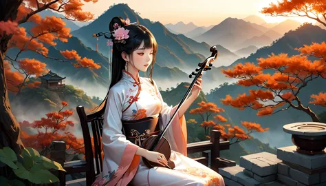 1 anime chinese girl,playing erhu,holding an erhu, (((masterpiece,highest quality))),((good structure,good composition,good atom...