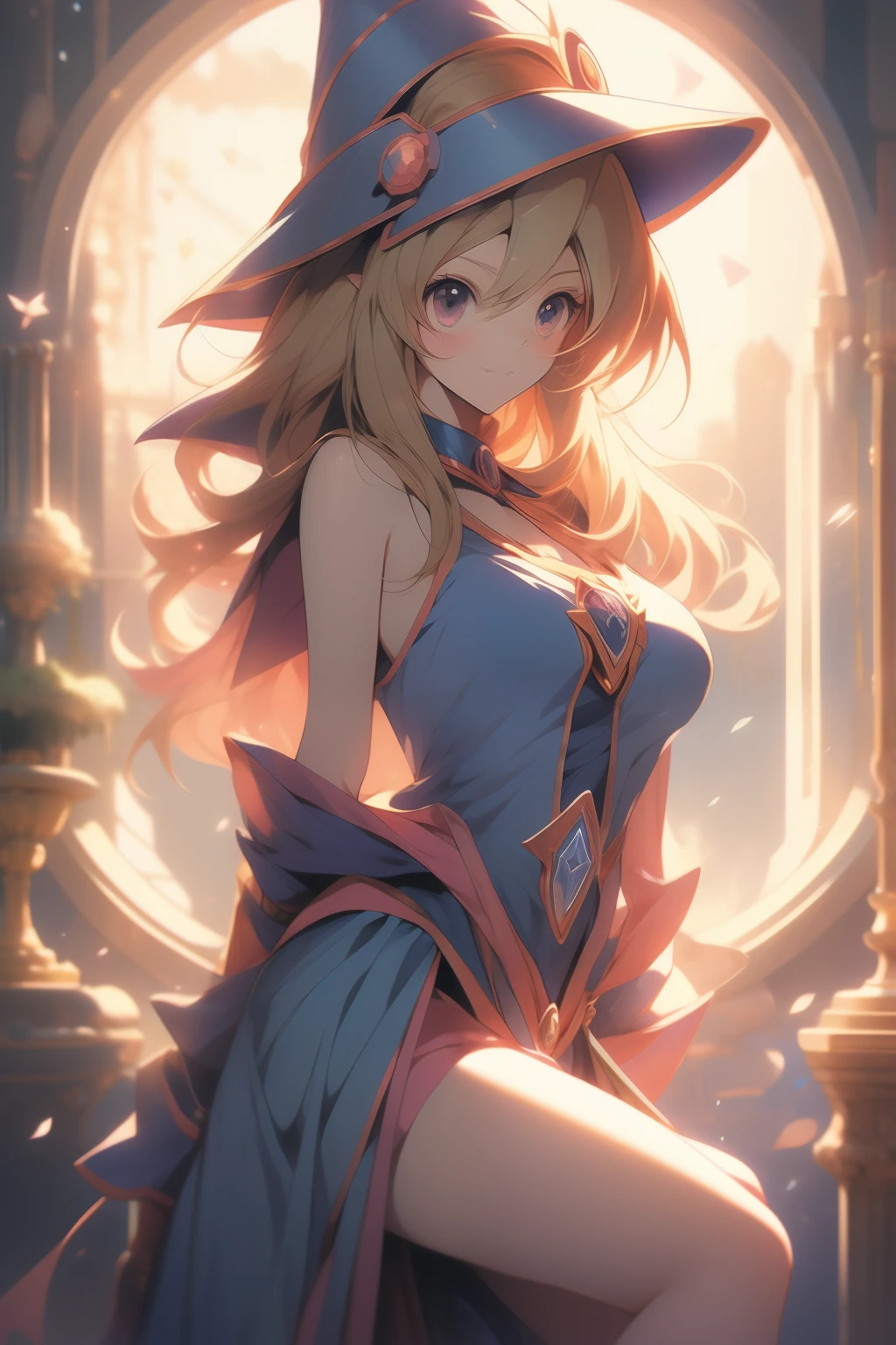 Anime girl with a sword and hat on her head, Black Magician Girl, beautiful dark magician girl, female mage!, dark magician girl from yu-gi-oh, pretty sorceress, flirty anime witch casting magic, hero 2 d fanart artsation, mighty plump female sorceress, Mage, sorceress woman, half invoker half megumin