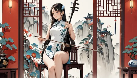 one girl,long hair,playing erhu,holding an erhu,china dress,sitting in a highchair,,(((masterpiece,highest quality))),((good str...