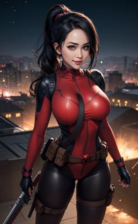 masterpiece, best quality, highres, contrapposto, BodySuit_lady_deadpool_ownwaifu, Christina Chong beautiful face, narrowed eyes...