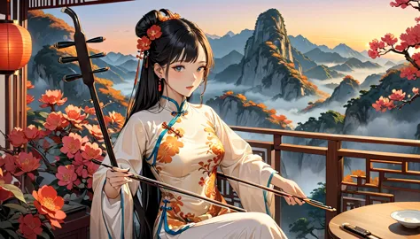 one girl,playing erhu,holding an erhu,china dress,sitting in a highchair,,(((masterpiece,highest quality))),((good structure,goo...