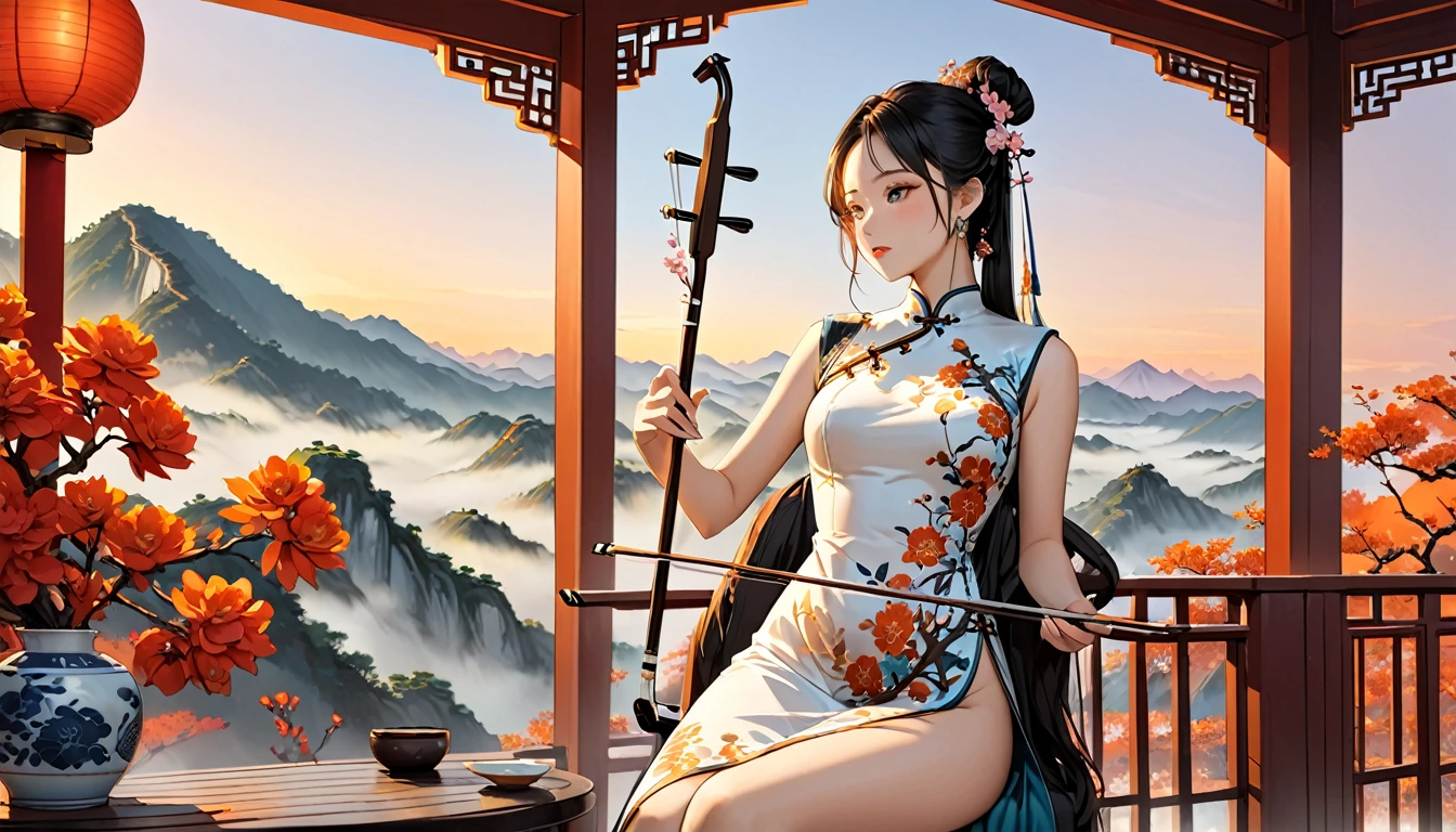 One girl,Playing erhu,Holding an Erhu,China dress,Sitting in a highchair,,(((masterpiece,Highest quality))),((Good structure,Good composition,Good Atomy)), ((clear, original,beautiful)),She is dressed in elegant traditional Chinese clothing, such as a qipao or hanfu which flows beautifully as she plays.The background features a majestic scene of misty Chinese mountains at dawn, with the sky painted in warm hues of orange, pink, and gold, creating a serene and enchanting atmosphere. soft, ethereal lighting enhances the landscape, highlighting the beauty of the moment as the sun rises