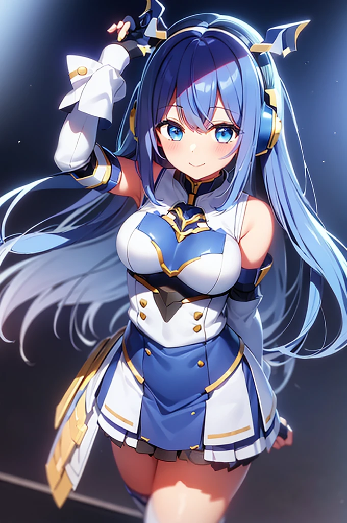 mecha wings、White and blue skirt、Thighs、tights、chest、Twin tails、Blue Hair、1 girl、solo girl、IS、Frame Arms Girl、Alice Gere Aegis、blue armor、income、headphone、hand on own chest、smile、idol woman、idol dress