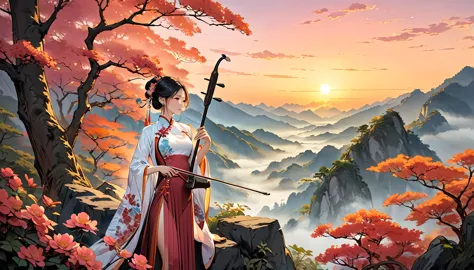 (((from diagonally left behind))), one girl,playing erhu,holding an erhu,(((masterpiece,highest quality))),((good structure,good...