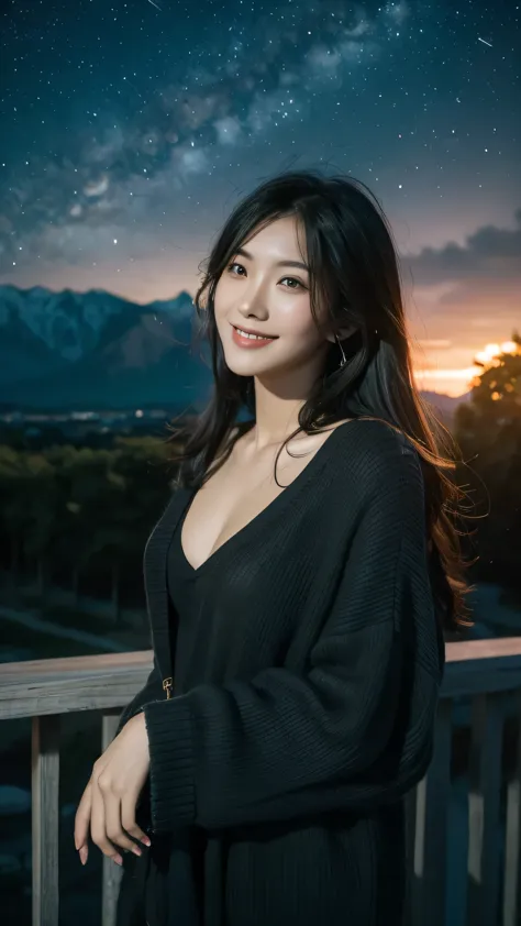 a beautiful asian girl with black hair, she wear a pull to bif for her, smiling warmly under the starry night sky, ultra detaile...