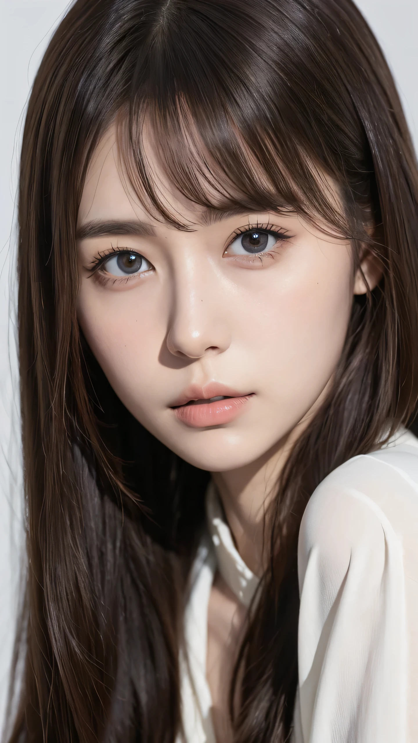 Highest quality, masterpiece, Ultra-high resolution, (Realistic:1.4), RAW Photos,One Girl, Brown Hair,Semi-long hair,Great style,Black suit,Detailed eyes,Heterochromia iridis,Realistic,Plain background