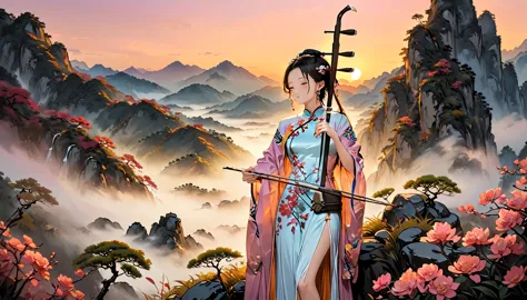 (((from diagonally left behind))), one girl,playing erhu,holding an erhu,(((masterpiece,highest quality))),((good structure,good...