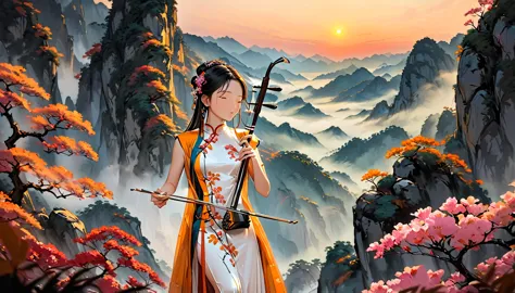 (((from diagonally left behind))), one girl,playing erhu,holding an erhu,(((masterpiece,highest quality))),((good structure,good...