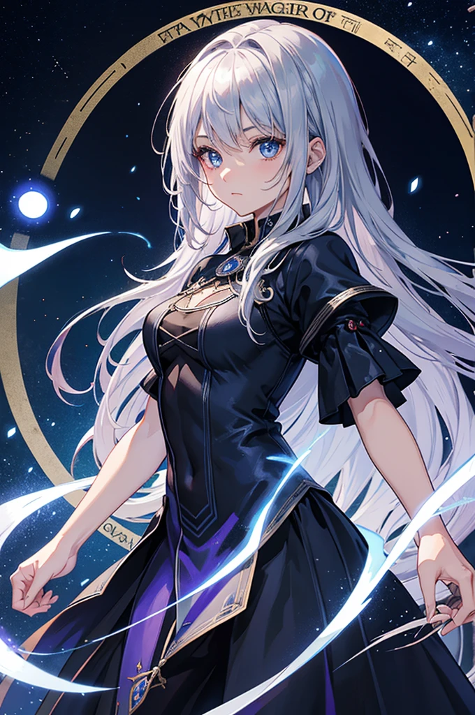 Highest quality, Medieval Fantasy, A world of swords and magic, Portrait, (A magic circle appears in the indigo eyes of a cute magician girl, Silver Hair), Black dress with ruffles, 