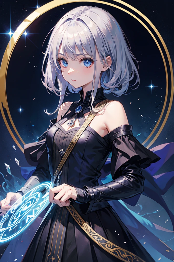 Highest quality, Medieval Fantasy, A world of swords and magic, Portrait, (A magic circle appears in the indigo eyes of a cute magician girl, Silver Hair), Black dress with ruffles, 