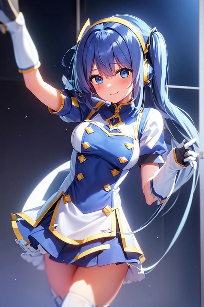 mecha wings、White and blue skirt、Thighs、tights、chest、Twin tails、Blue Hair、1 girl、solo girl、IS、Frame Arms Girl、Alice Gere Aegis、blue armor、income、headphone、hand on own chest、smile、idol woman、idol dress