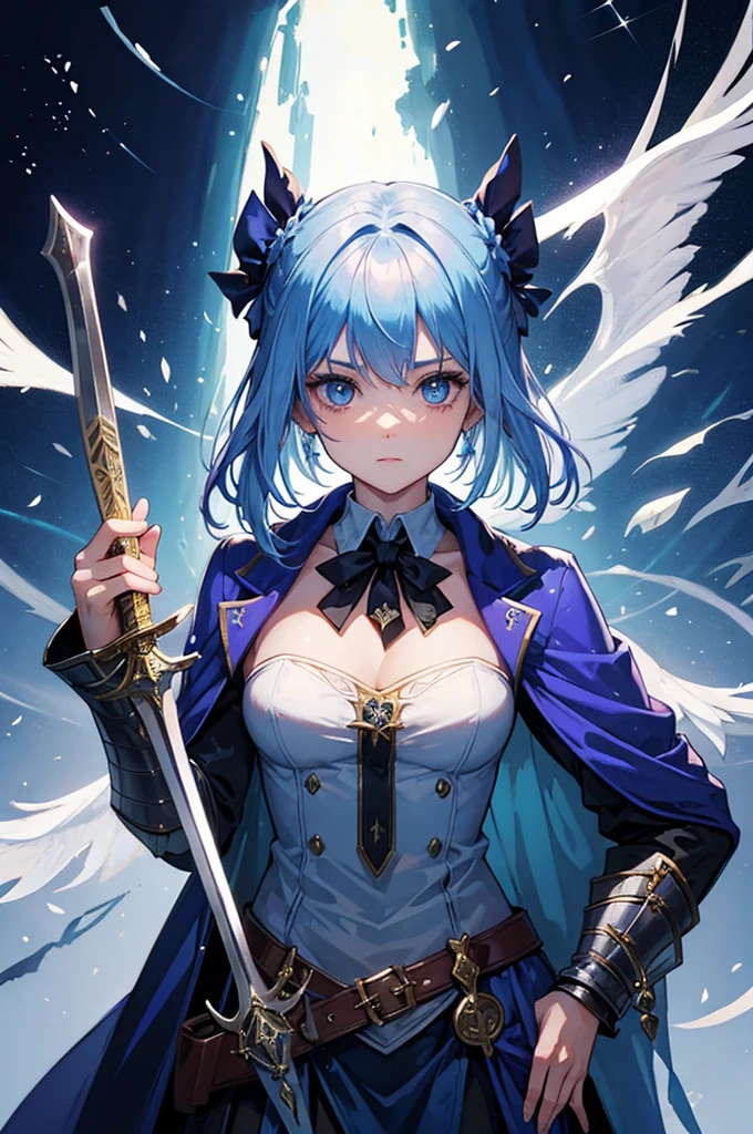 Highest quality, Medieval Fantasy, A world of swords and magic, Portrait, (The cute magician girl&#39;s blue eyes are glowing, Silver Hair), Black dress with ruffles, 