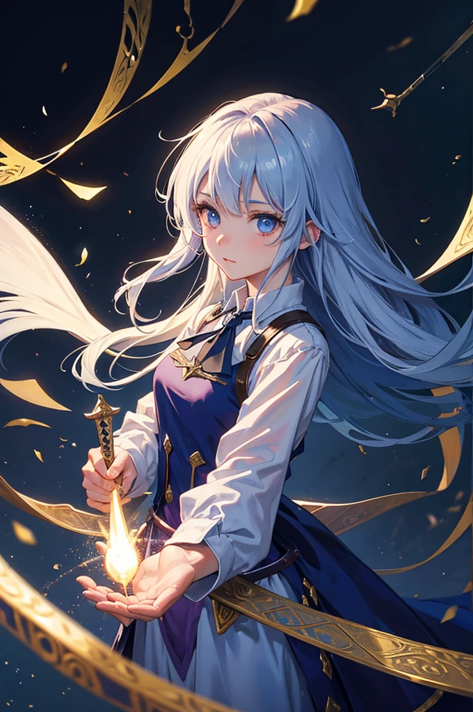 Highest quality, Medieval Fantasy, A world of swords and magic, Portrait, (The cute magician girl&#39;s blue eyes are glowing, Silver Hair), Black dress with ruffles, 