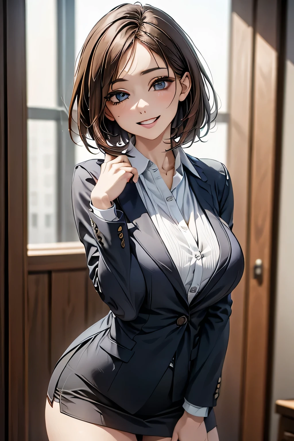 Beautiful lawyer、(alone, 40 years old、Ultra detailed face、Detailed lips、Detailed eyes、double eyelid、Brunette bob hair, Black blazer、White dress shirt、Tight micro mini skirt)、Reading at a desk、at the library、Huge 、Perfect hands, Perfect Fingers, Perfect breasts, Exactly, Perfect body, Perfect Face, Perfect Image Realism, Detailed Background, Detailed costume, maikurobiki、Unbuttoned shirt、Lewd Librarian、Hyperrealism、Photorealistic、Unreal Engine、Maximum resolution 8K, (masterpiece), Very detailed, Professional