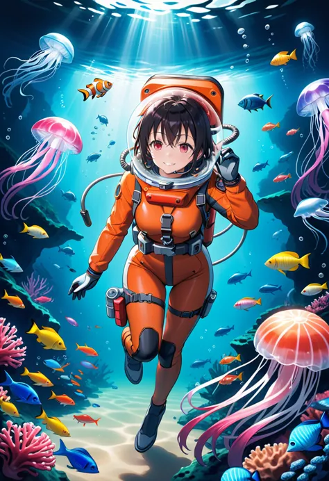 black hair, red eyes, eva helm, bubble helmet, space helmet tongue out, drooling,1girl, short hair, solo, looking at viewer, rea...