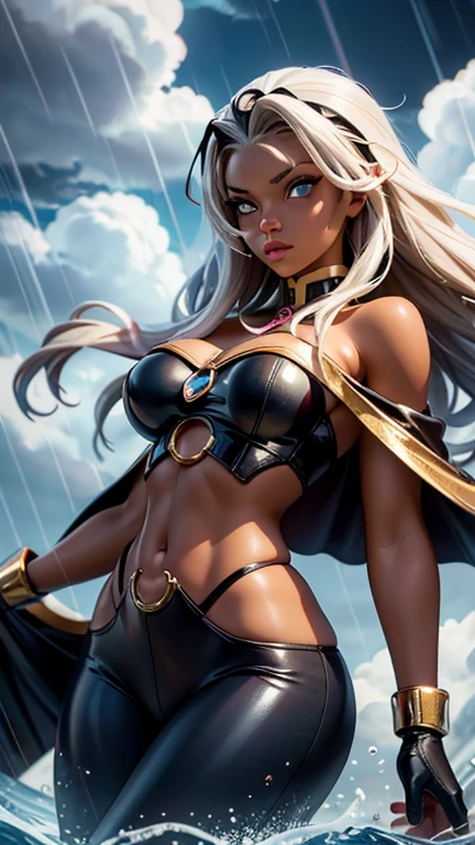 ,(Highly quality, masterpiece, detailed), stormy cloud city detailed scenario, stormy cloud city detailed background, 20 years old girl, dark clouds, rain, wet, 1girl, Ororo, dark skin, strapless, exposed shoulders, long hair, midriff, cape,l, gloves, skin tight pants, gold trim, Abdomen, Navel, beautiful eyes, perfect eyes, looking at the viewer, Sexy pose