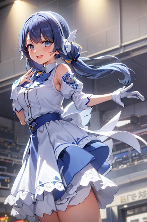 mecha wings、white and blue skirt、thighs、tights、chest、twin tails、blue hair、1 girl、solo girl、is、frame arms girl、alice gere aegis、b...