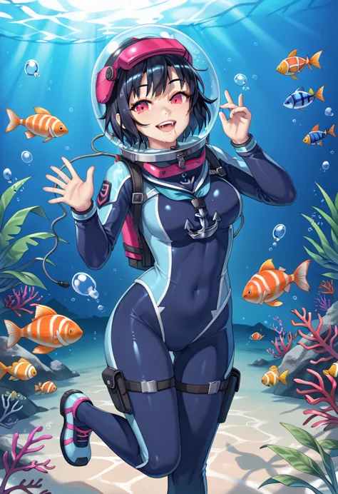 black hair, red eyes, eva helm, bubble helmet, space helmet tongue out, drooling,1girl, short hair, solo, looking at viewer, rea...