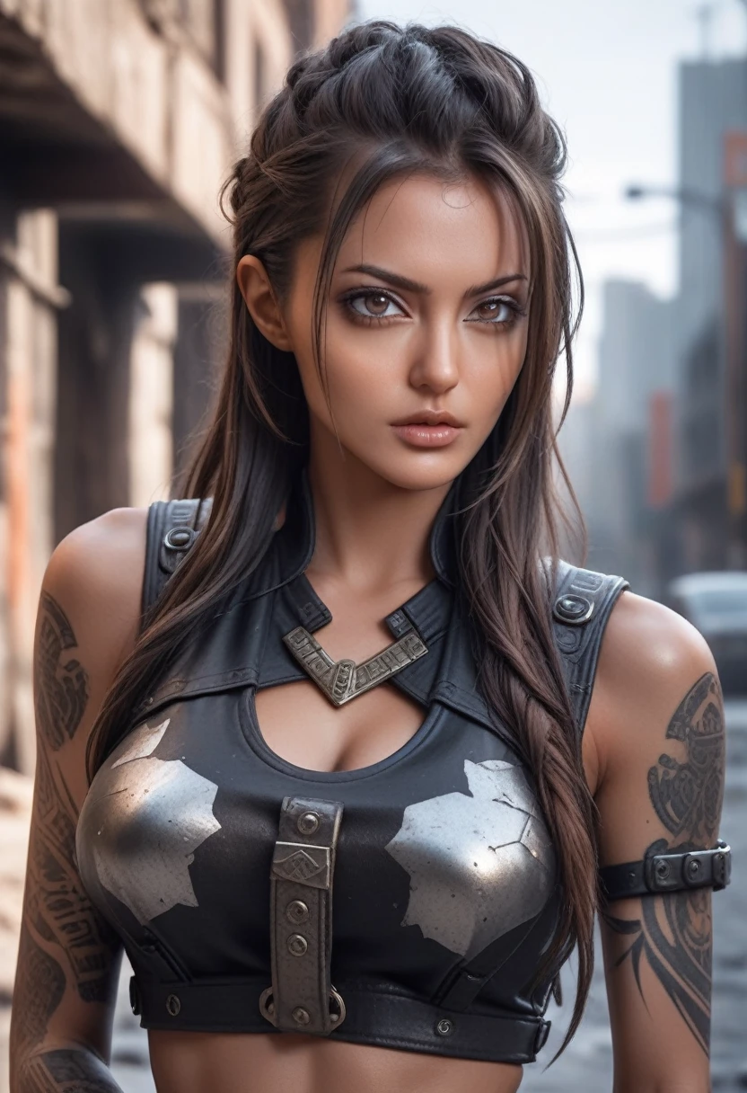 a hyper realistic ultra detailed photograph oF a Futuristic beautiFul barbarian woman wearing sunglasses at a dystopian city, tattered outFit with rusty metal armor plates, long hair, hand and body tattoo, Fashion pose, detailed symmetric beautiFul hazel eyes, big breasts:1.5, detailed gorgeous Face, harsh environment, exquisite details, 60 megapixels, 4K, Canon EOS 5D Mark IV DSLR camera, 85 mm lens, sharp Focus, There are complicated details., Long exposure time, F/8, ISO100, Shutter Speed 1/125, diFFuse back lighting, award winning photos, Facing camera, Look into the camera, monovisions, perFect contrast, high definition, Facial symmetry, depth oF Field, Highly detailed photography, Ray tracing, world class illumination, Tanweer Tamim, smooth, ultra high deFinition, 8ก, unreal engine 5, ultra sharp Focus, award winning photos, Trending on artstation