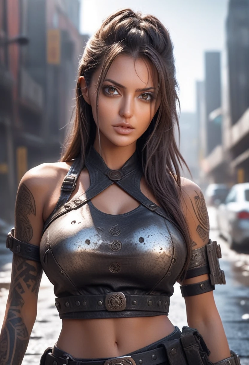 a hyper realistic ultra detailed photograph oF a Futuristic beautiFul barbarian woman wearing sunglasses at a dystopian city, tattered outFit with rusty metal armor plates, long hair, hand and body tattoo, Fashion pose, detailed symmetric beautiFul hazel eyes, big breasts:1.5, detailed gorgeous Face, harsh environment, exquisite details, 60 megapixels, 4K, Canon EOS 5D Mark IV DSLR camera, 85 mm lens, sharp Focus, There are complicated details., Long exposure time, F/8, ISO100, Shutter Speed 1/125, diFFuse back lighting, award winning photos, Facing camera, Look into the camera, monovisions, perFect contrast, high definition, Facial symmetry, depth oF Field, Highly detailed photography, Ray tracing, world class illumination, Tanweer Tamim, smooth, ultra high deFinition, 8ก, unreal engine 5, ultra sharp Focus, award winning photos, Trending on artstation