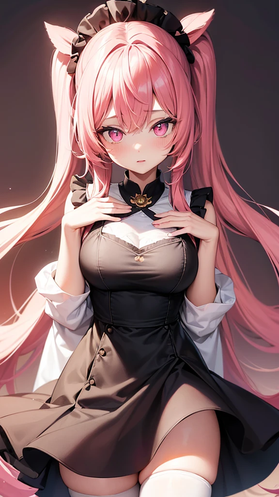 (Highest quality,High resolution,Very detailed,girl)black tights,Pink Hair,Twin tails,height: 160cm,cute,Pink Eyes,She is wearing a gold dress,Big Breasts,Her eyes are white and shining,Has bright white eyes,You seem to be very shy,