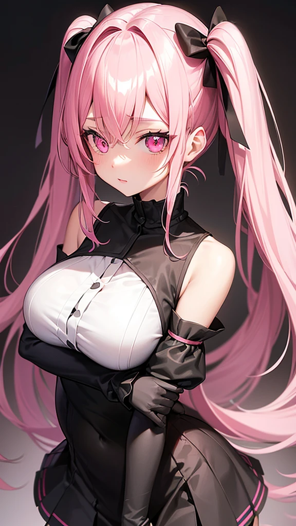 (Highest quality,High resolution,Very detailed,girl)black tights,Pink Hair,Twin tails,Height: 160cm,cute,Pink Eyes,Dressed in black,Big Breasts,Her eyes are white and shining,Has bright white eyes,You seem very shy,