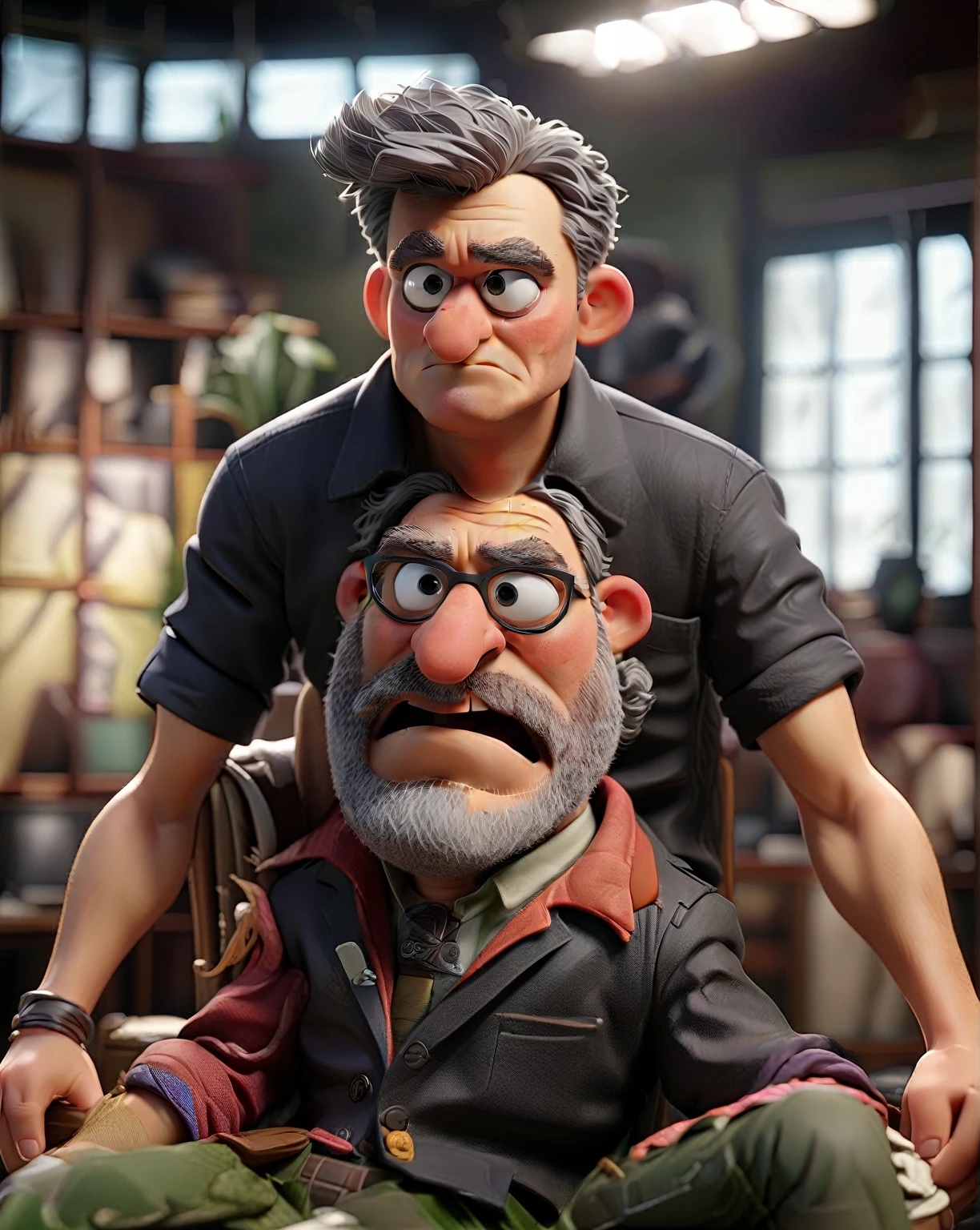 3D cinematic film.(caricature:0.2). 4k, highly recommend , detailed man sitting