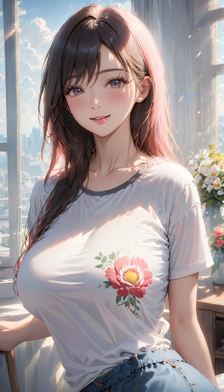 (Higher resolution, Clearly_image) best quality, A woman, masterpiece, Very detailed, Semi-realistic, 21 years old, fair, young, Handsome, t-shirt, Pale pink shirt, modern room, window, wake up, morning, blush, Smile，Big breasts