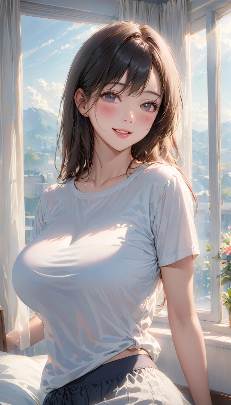 (Higher resolution, Clearly_image) best quality, A woman, masterpiece, Very detailed, Semi-realistic, 21 years old, fair, young, Handsome, t-shirt, Pale pink shirt, modern room, window, wake up, morning, blush, Smile，Big breasts