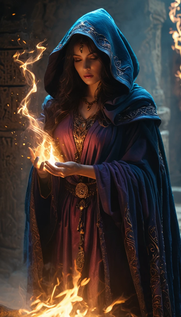 (best quality,4k,8k,highres,masterpiece:1.2),ultra-detailed,(realistic,photorealistic,photo-realistic:1.37),woman, hermeticwizard, hkmagic, fire_magic, ornate_hooded_robe, talisman, runes, dust, lightrays, ancient_tomb in the background, cinematic shot, dramatic lighting, dim lighting, deep shadow, raw photo,otherworldly,terrifying,highly detailed face and body,enormously clawed hands,mystical aura,dark,ominous atmosphere,cold color palette,energy emanating,powerful presence,ethereal beauty,herculean strength,captivating gaze,unsettling presence,haunting and mesmerizing,horrifyingly enchanting