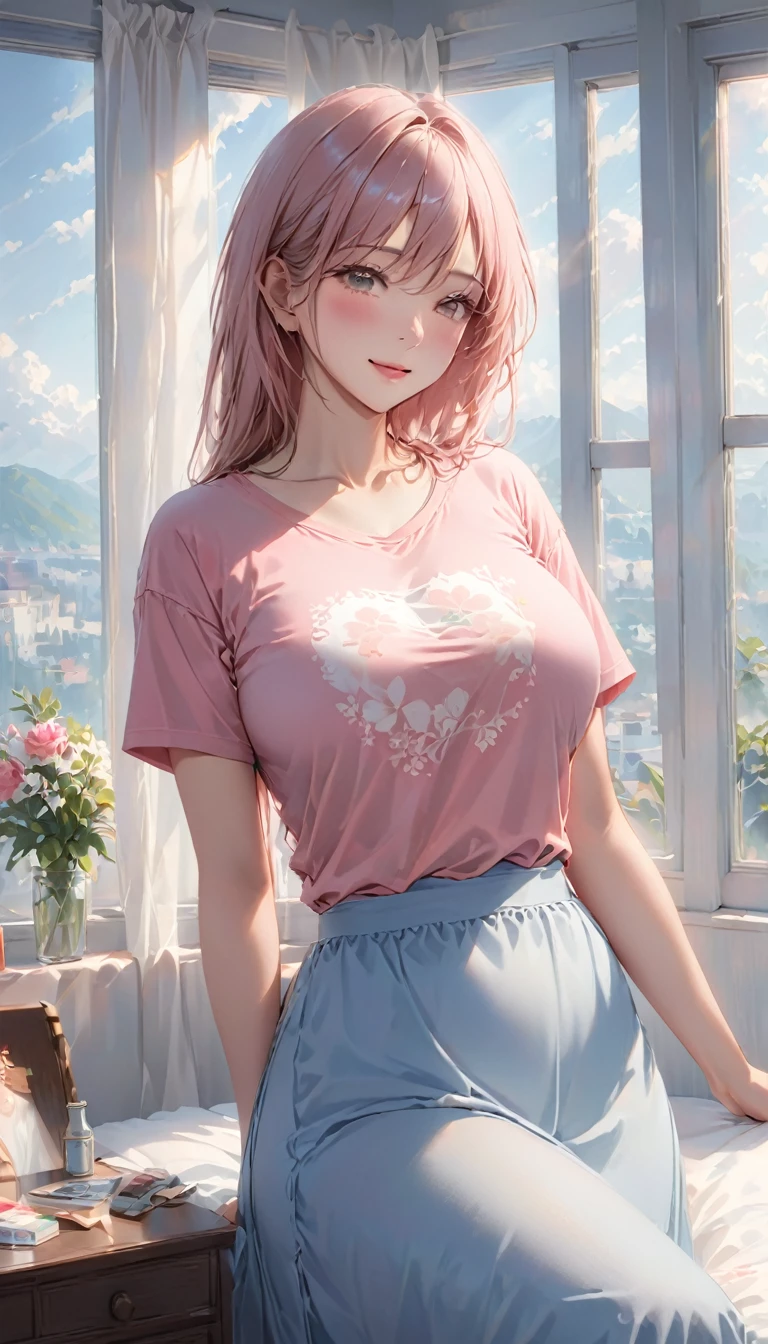 (Higher resolution, Clearly_image) best quality, A woman, masterpiece, Very detailed, Semi-realistic, 21 years old, fair, young, Handsome, t-shirt, Pale pink shirt, modern room, window, wake up, morning, blush, Smile，Big breasts