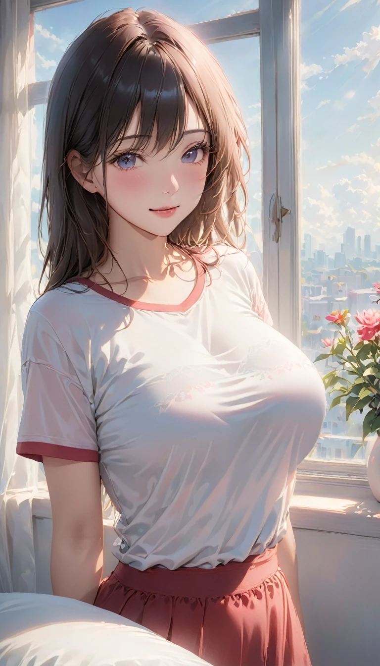 (Higher resolution, Clearly_image) best quality, A woman, masterpiece, Very detailed, Semi-realistic, 21 years old, fair, young, Handsome, t-shirt, Pale pink shirt, modern room, window, wake up, morning, blush, Smile，Big breasts