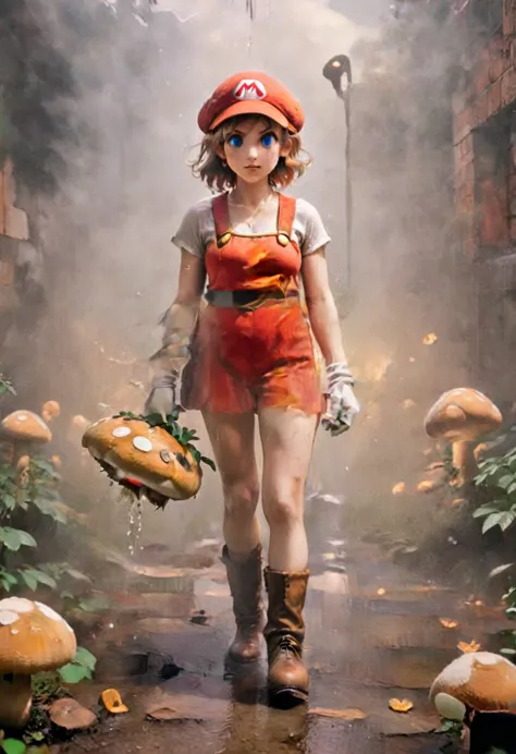 an oil painting, that mario shows, who holds a mushroom in the mushroom kingdom, heavenly aura, , deity, smb artstyle, ​masterpi...